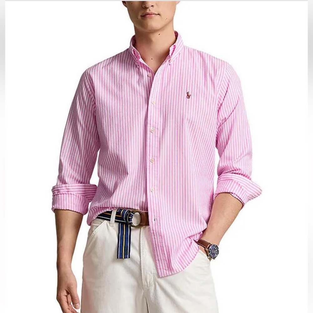 Ralph Lauren Custom Fit Pink White Seersucker Stripe Preppy Button Up Shirt XL